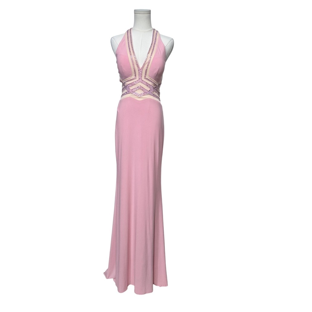 Madison James Dress Womens 6 Pink Beaded Sequin Halter‎ Evening Gown Prom Formal